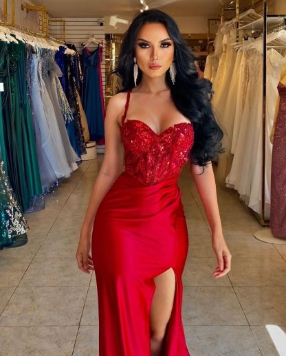 Beautiful Long Red Spaghetti Straps Sequined Lace Sleeveless Prom Dress With Slit-BMbridal.com