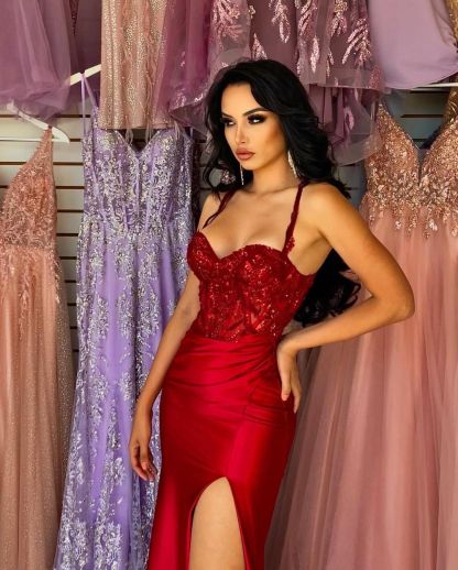 Beautiful Long Red Spaghetti Straps Sequined Lace Sleeveless Prom Dress With Slit-BMbridal.com