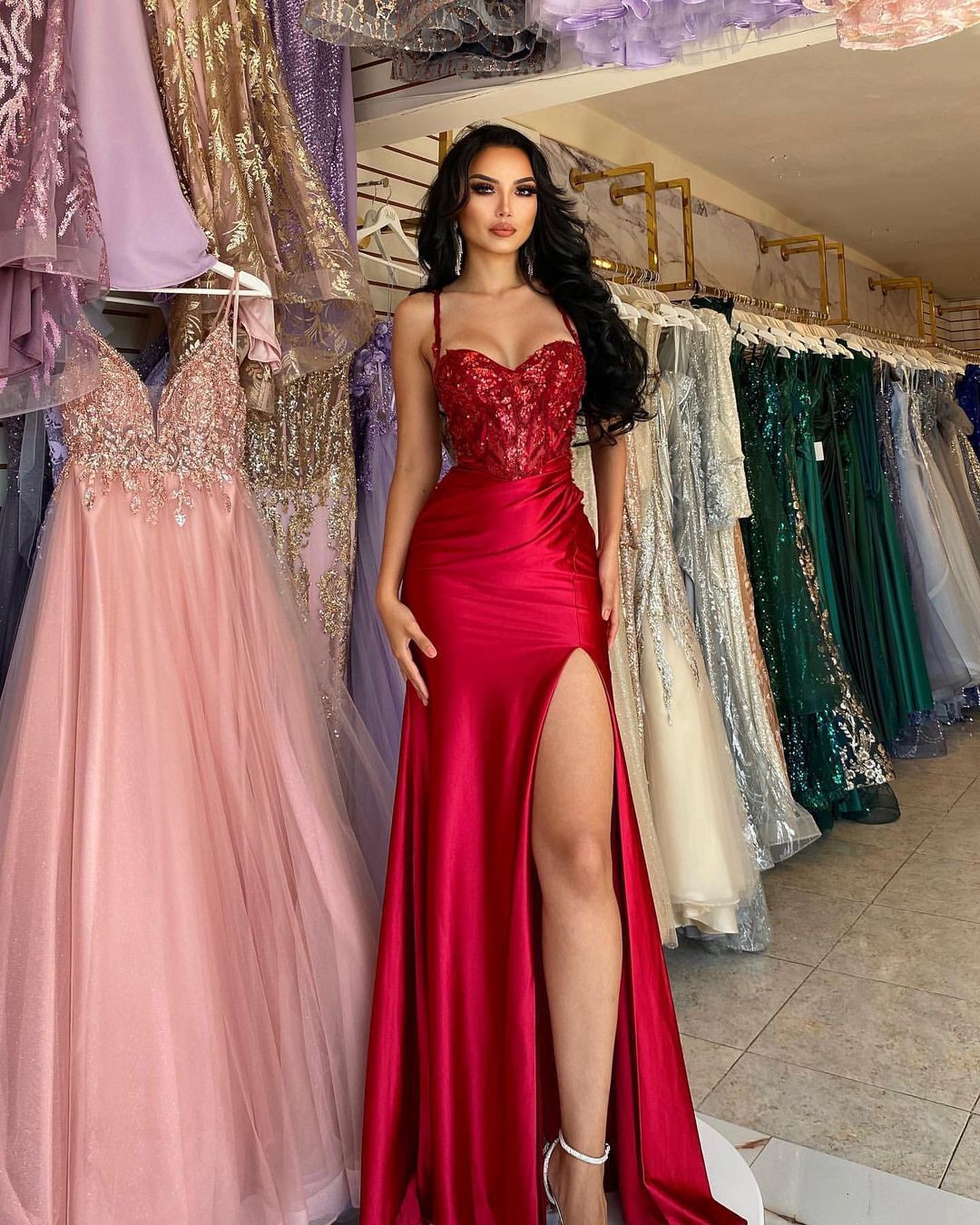 Beautiful Long Red Spaghetti Straps Sequined Lace Sleeveless Prom Dress With Slit-BMbridal.com