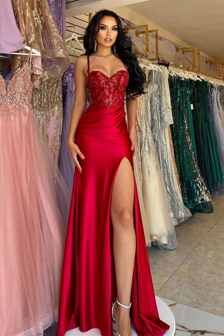 Beautiful Long Red Spaghetti Straps Sequined Lace Sleeveless Prom Dress With Slit-BMbridal.com
