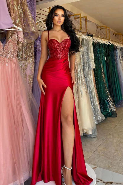 Beautiful Long Red Spaghetti Straps Sequined Lace Sleeveless Prom Dress With Slit-BMbridal.com