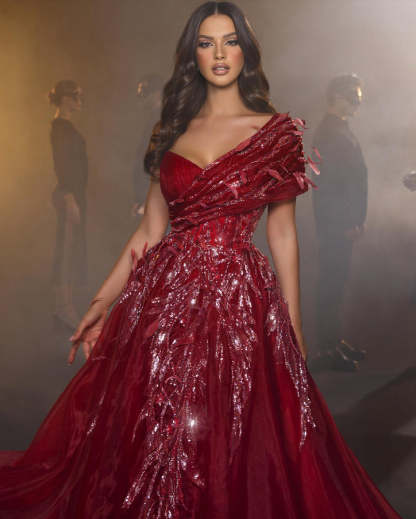 Beautiful Long Red Sweetheart A-line Prom Dress With Feather-BMbridal.com