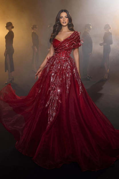 Beautiful Long Red Sweetheart A-line Prom Dress With Feather-BMbridal.com