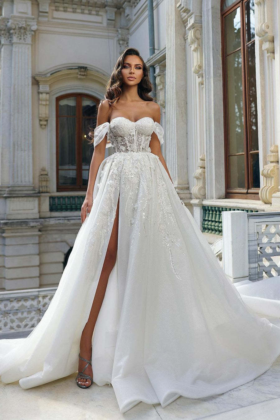 Beautiful Long White A-line Off-the-shoulder Lace Flowers Wedding Dress With Slit-BMbridal.com