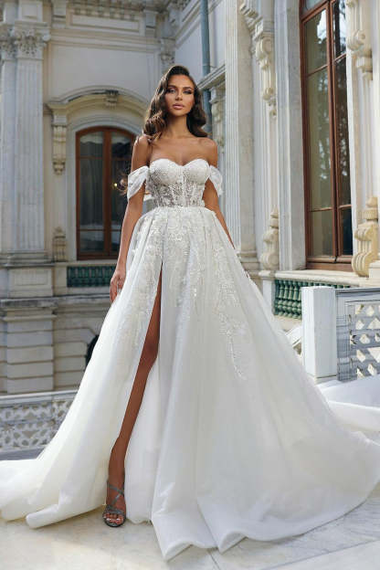 Beautiful Long White A-line Off-the-shoulder Lace Flowers Wedding Dress With Slit-BMbridal.com