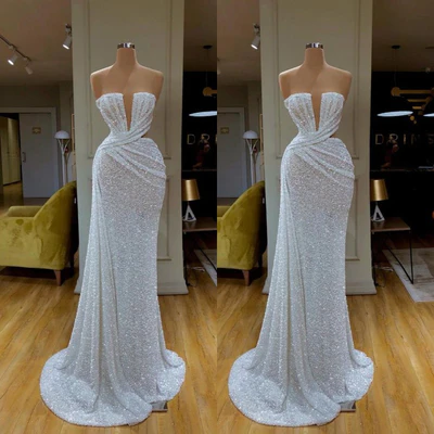 Beautiful Long White V-neck Sleeveless Sequined Mermaid Prom Dress-BMbridal.com