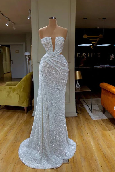 Beautiful Long White V-neck Sleeveless Sequined Mermaid Prom Dress-BMbridal.com