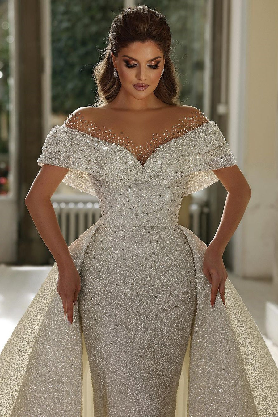 Beautiful Mermaid Panel Portrait Wedding Dresses With Beaded-BMbridal.com