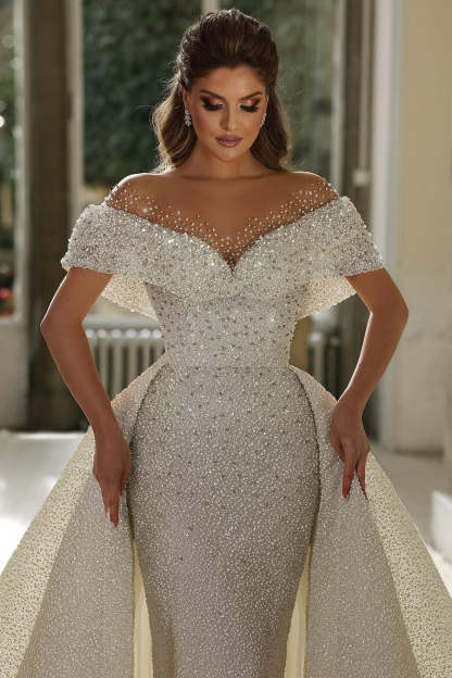 Beautiful Mermaid Panel Portrait Wedding Dresses With Beaded-BMbridal.com