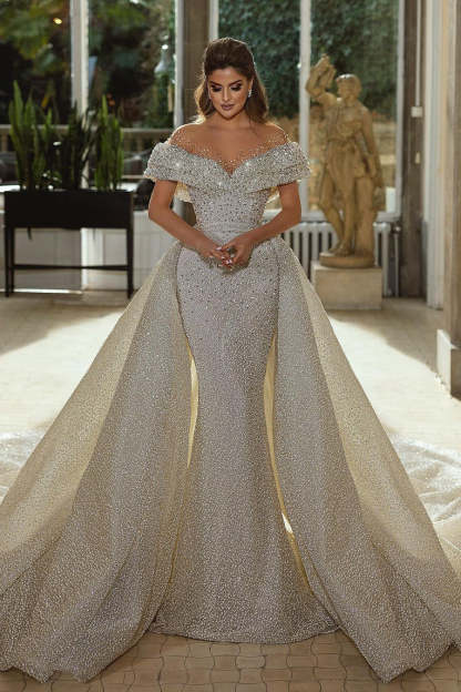 Beautiful Mermaid Panel Portrait Wedding Dresses With Beaded-BMbridal.com