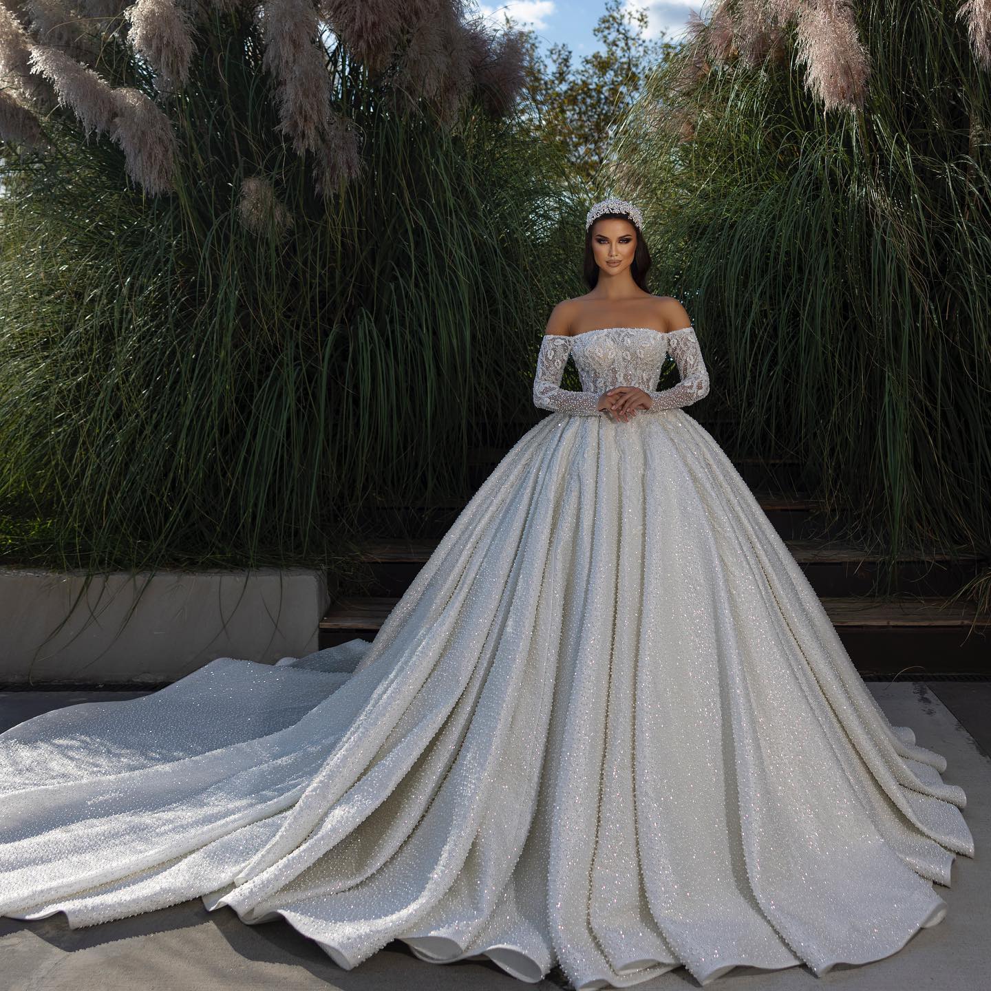 Beautiful Off-the-shoulder A-line White Lace Beading Wedding Dress With Long Sleeves-BMbridal.com