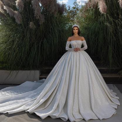 Beautiful Off-the-shoulder A-line White Lace Beading Wedding Dress With Long Sleeves-BMbridal.com