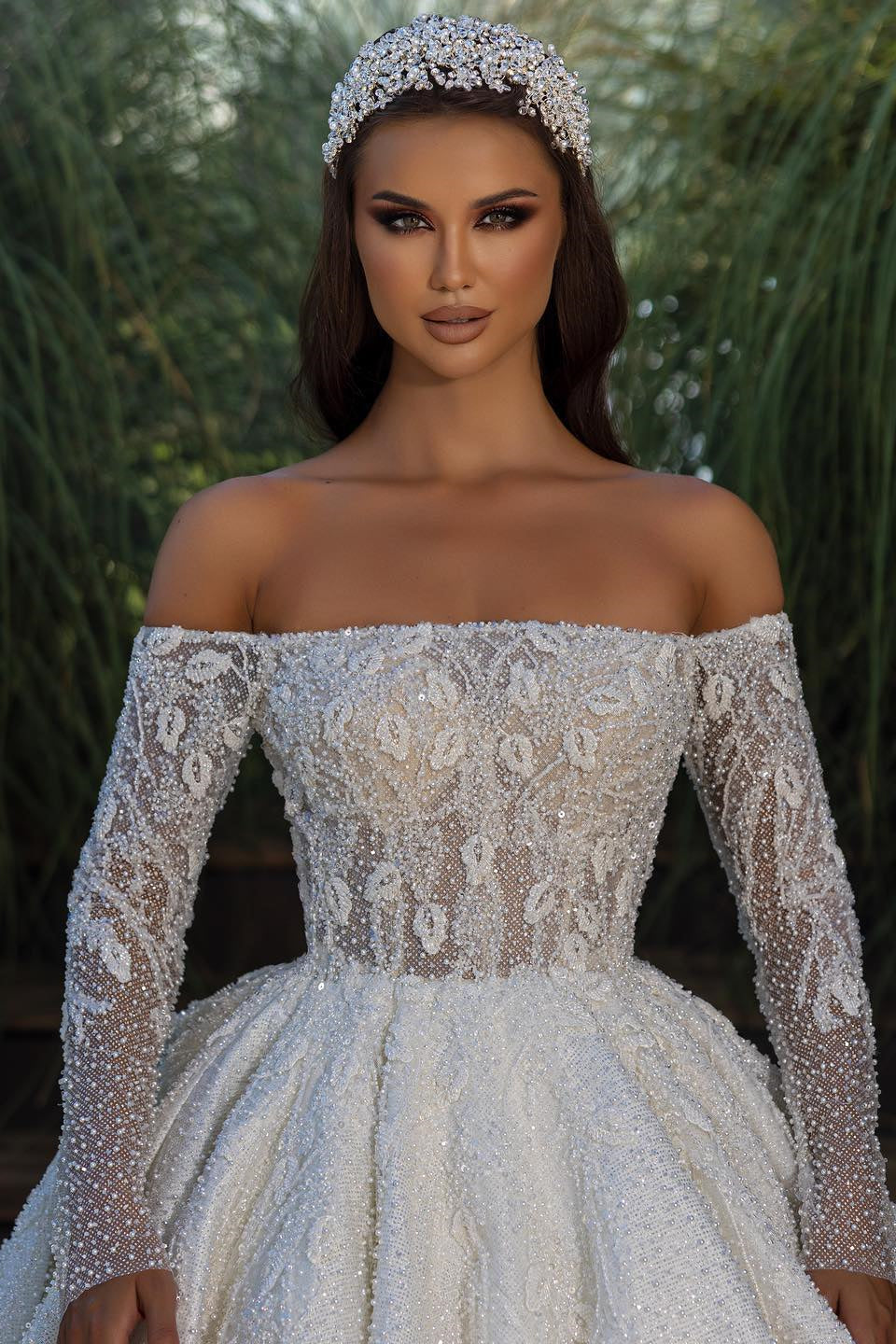 Beautiful Off-the-shoulder A-line White Lace Beading Wedding Dress With Long Sleeves-BMbridal.com
