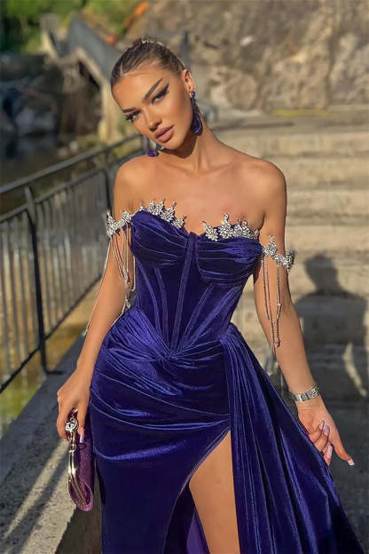 Beautiful Off-the-shoulder Glitter Split Front Mermaid Prom Dress-BMbridal.com