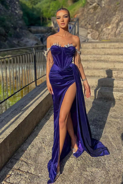 Beautiful Off-the-shoulder Glitter Split Front Mermaid Prom Dress-BMbridal.com