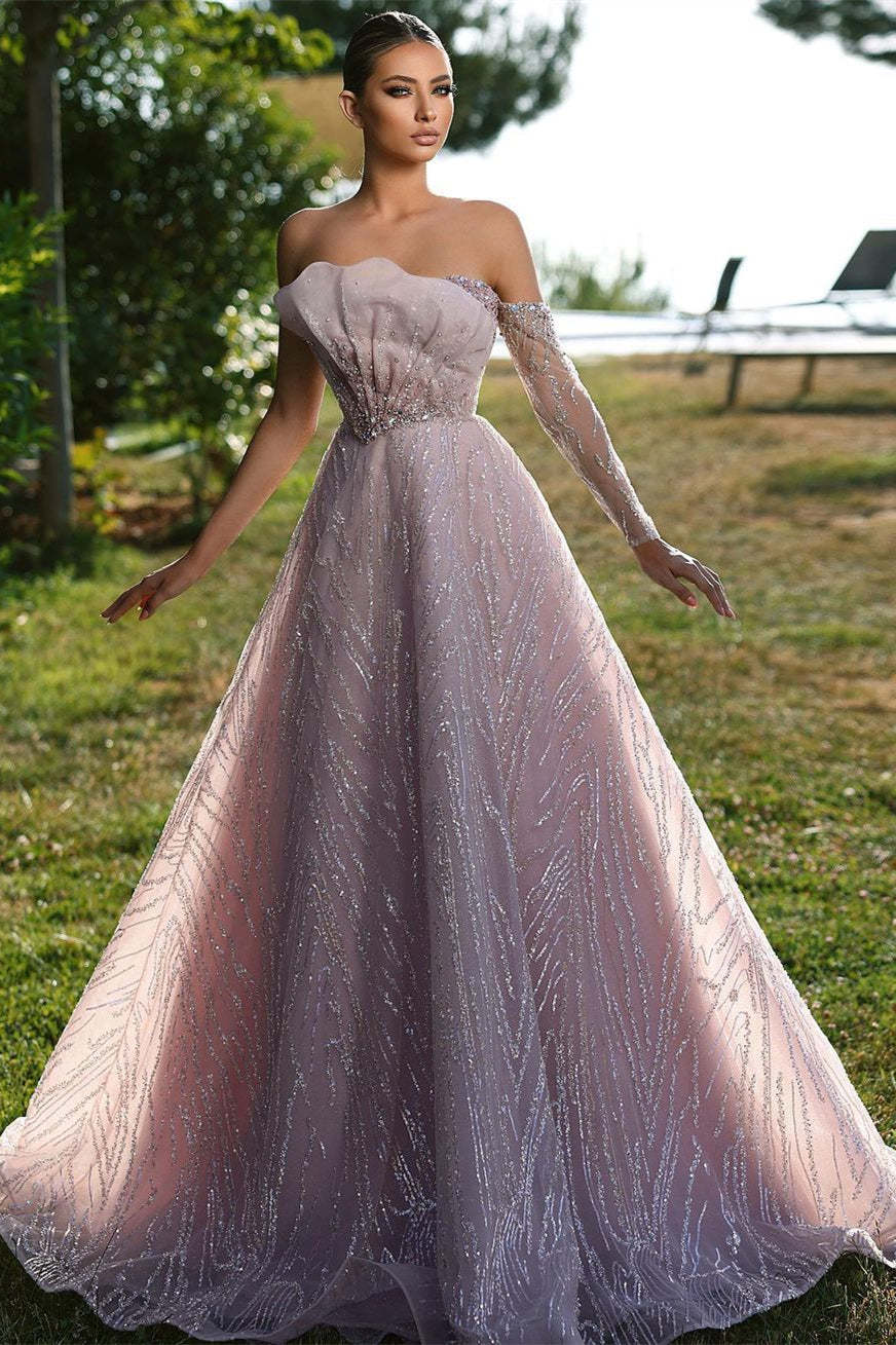 Beautiful Off-the-shoulder Long Sleeve A-line Prom Dress With Ruffles-BMbridal.com