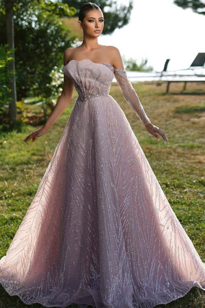 Beautiful Off-the-shoulder Long Sleeve A-line Prom Dress With Ruffles-BMbridal.com