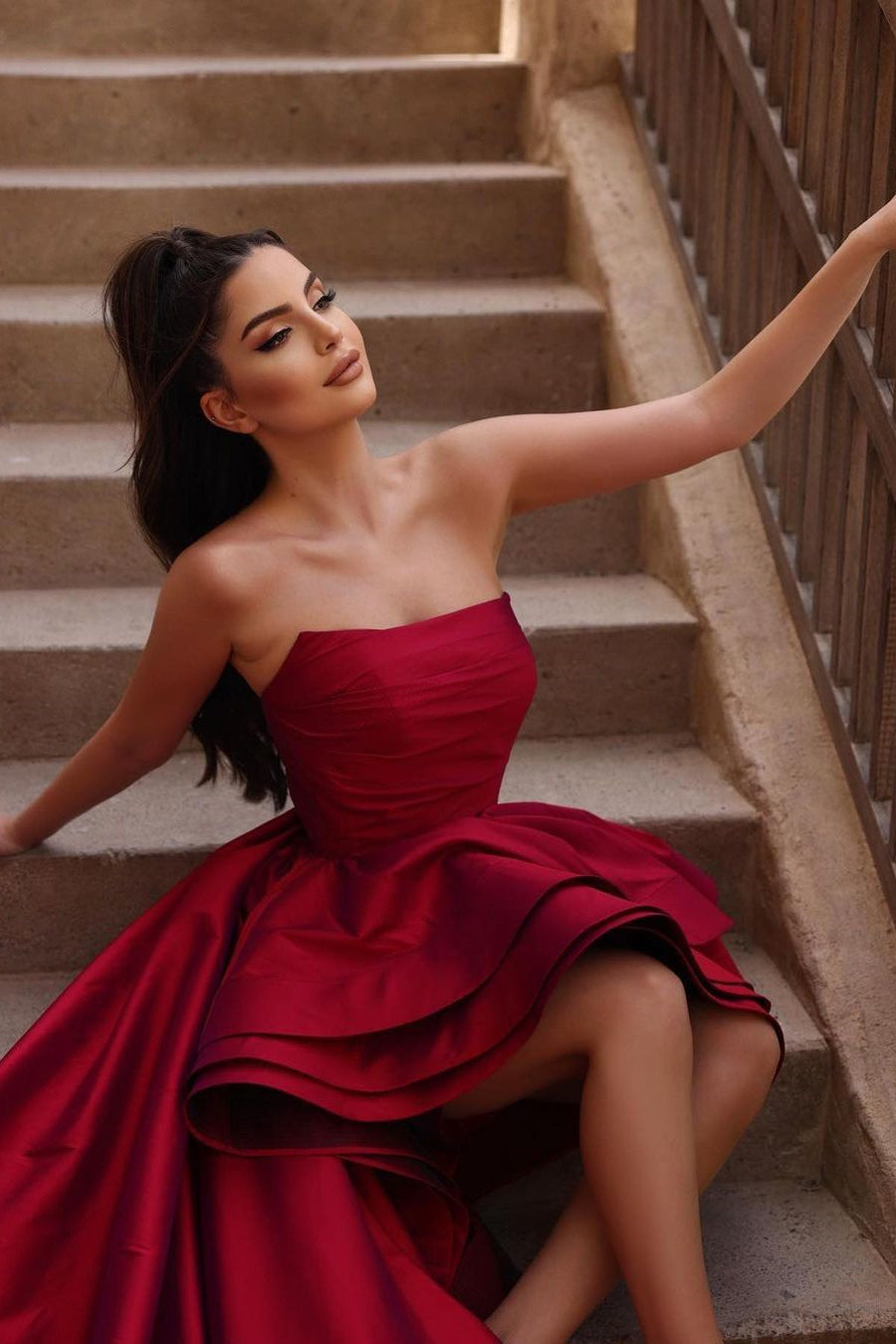 Beautiful Red A-line Sleeveless Ruffles Prom Dress With Train-BMbridal.com