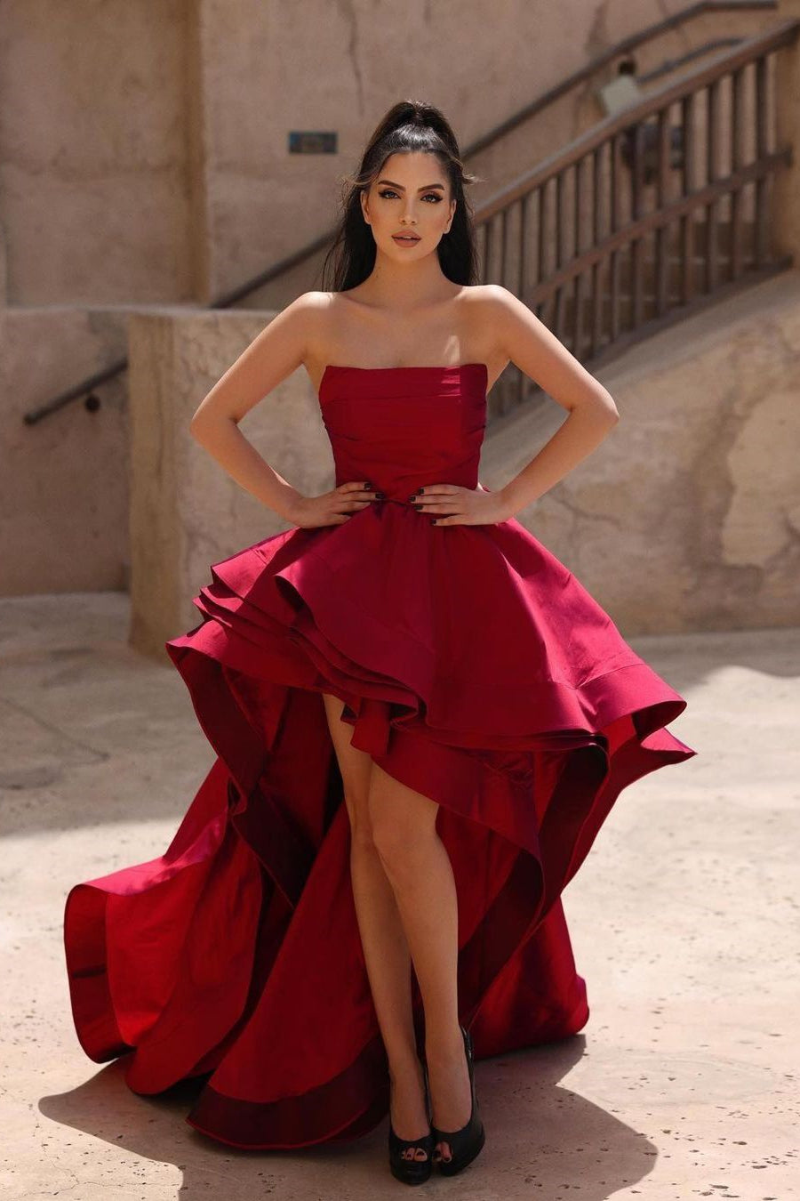 Beautiful Red A-line Sleeveless Ruffles Prom Dress With Train-BMbridal.com