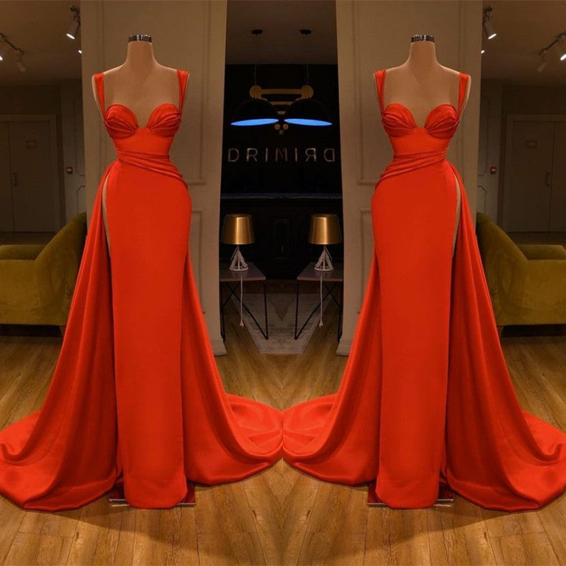 Beautiful Red Starps Sweetheart Long Prom Dress With Split-BMbridal.com