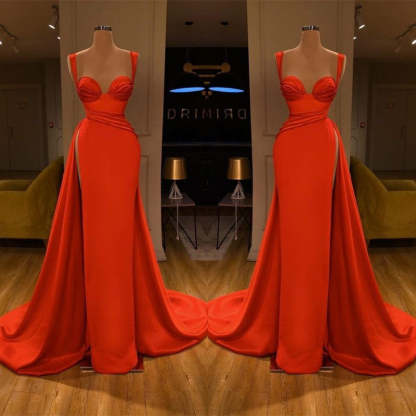 Beautiful Red Starps Sweetheart Long Prom Dress With Split-BMbridal.com