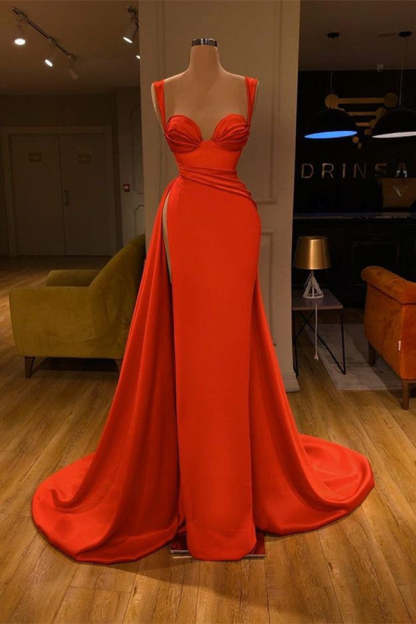 Beautiful Red Starps Sweetheart Long Prom Dress With Split-BMbridal.com