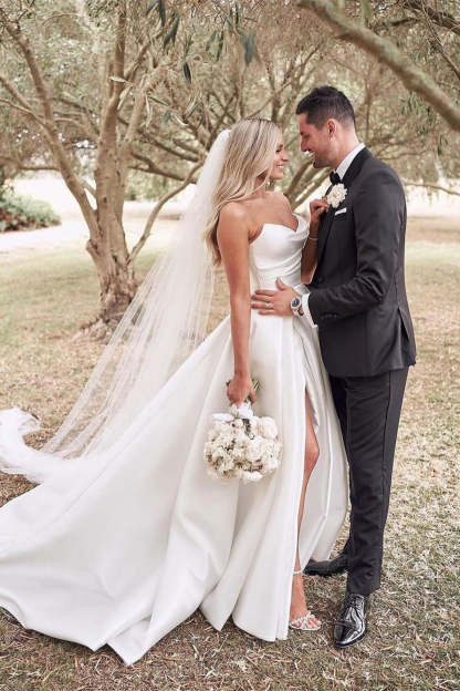 Beautiful Simple White A-line Wedding Dress With Side Slit-BMbridal.com