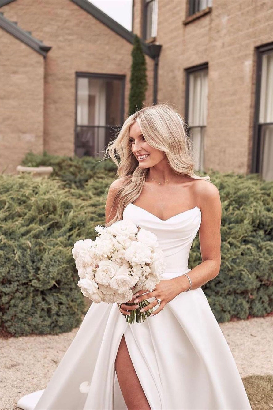 Beautiful Simple White A-line Wedding Dress With Side Slit-BMbridal.com