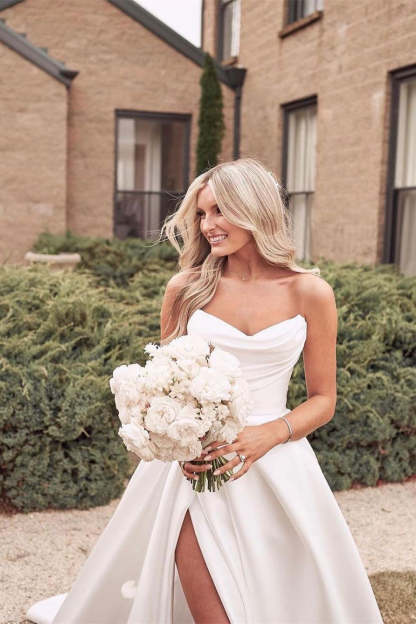 Beautiful Simple White A-line Wedding Dress With Side Slit-BMbridal.com