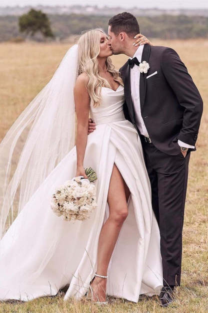 Beautiful Simple White A-line Wedding Dress With Side Slit-BMbridal.com