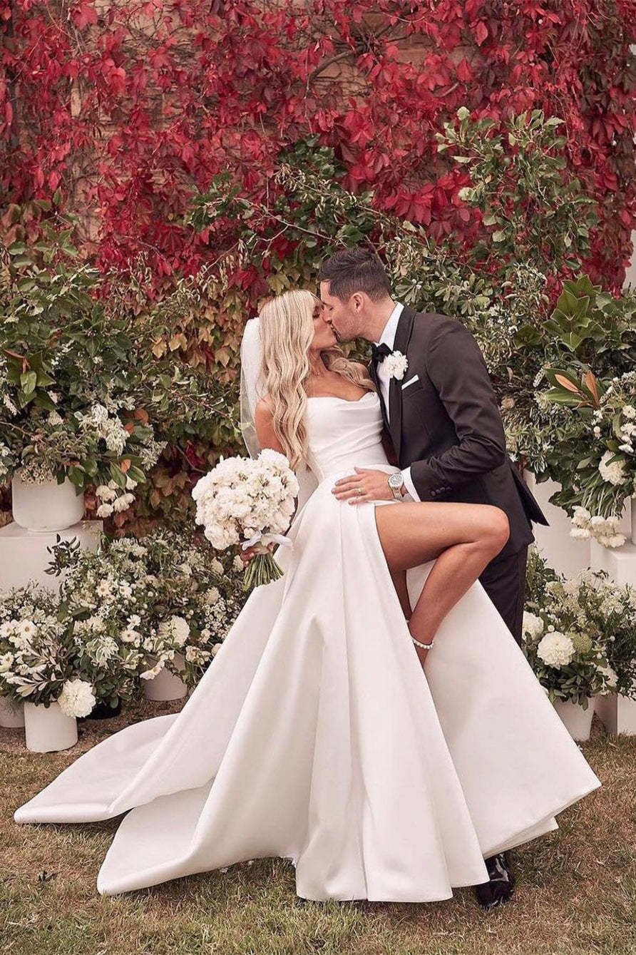 Beautiful Simple White A-line Wedding Dress With Side Slit-BMbridal.com