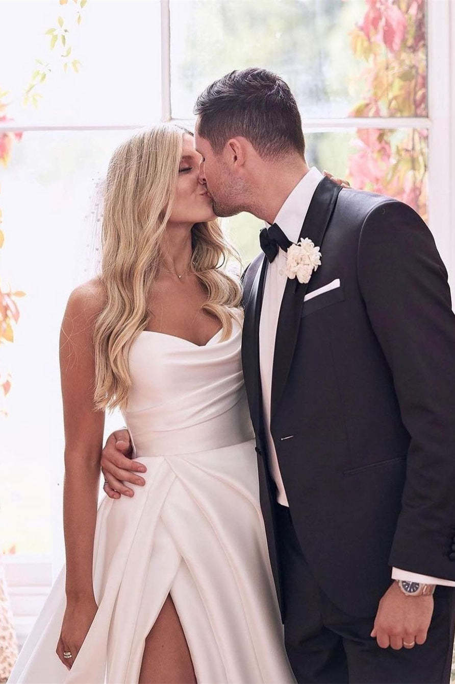 Beautiful Simple White A-line Wedding Dress With Side Slit-BMbridal.com