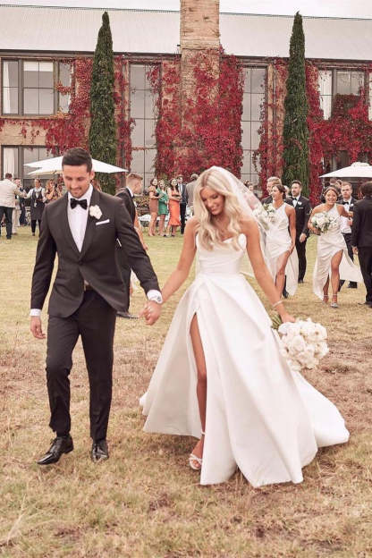 Beautiful Simple White A-line Wedding Dress With Side Slit-BMbridal.com