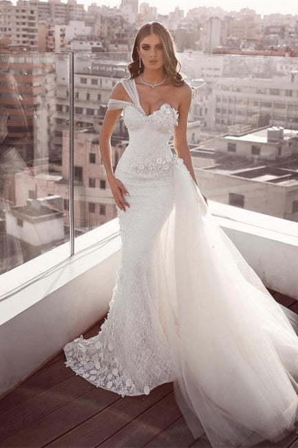 Beautiful Sweetheart Mermaid Tulle Wedding Dresses With Lace-BMbridal.com
