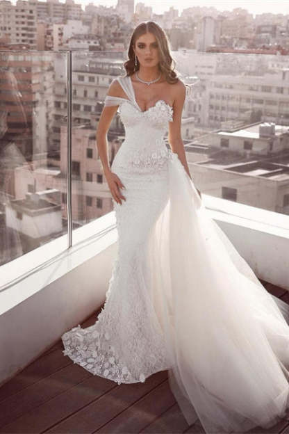 Beautiful Sweetheart Mermaid Tulle Wedding Dresses With Lace-BMbridal.com