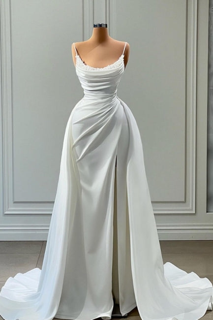 Beautiful White Long A-line Spaghetti Straps Wedding Dresses With Beads-BMbridal