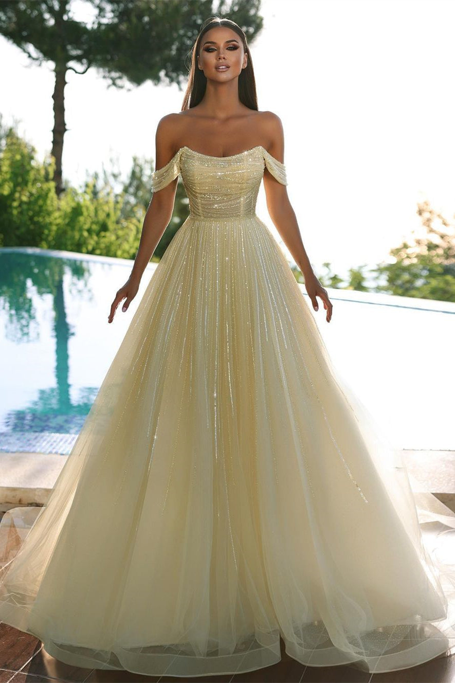 Beautiful Yellow Off-the-shoulder Sequined A-line Prom Dress-BMbridal.com