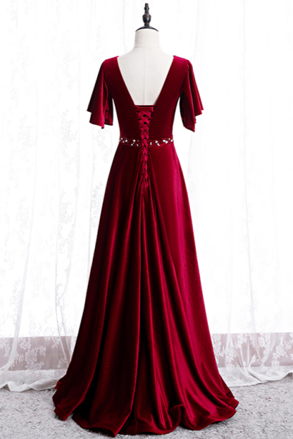 BMbridal Chic V-Neck Ruffles Burgundy Prom Dresses Short Sleeves A-Line Party Dresses with Rhinestones Sash-BMbridal