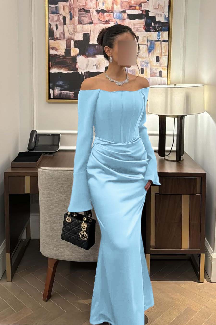 Strapless Long Sleeves Mermaid Long Prom Dress With Pleated