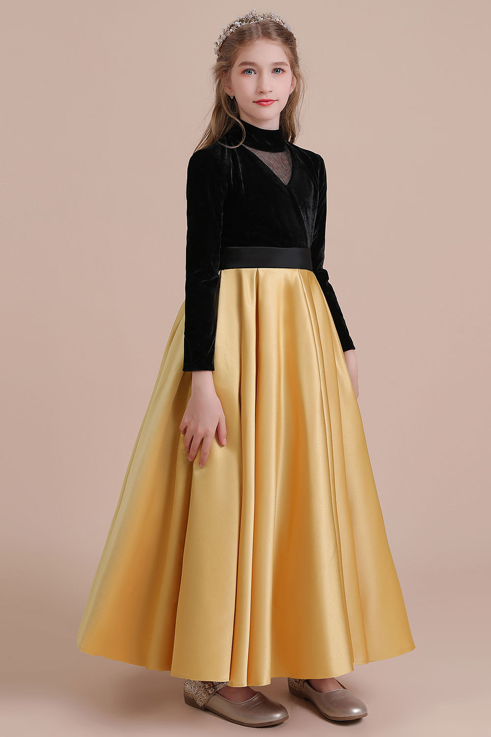 BMbridal A-Line High-neck Velvet Satin Flower Girl Dress Online-BMbridal