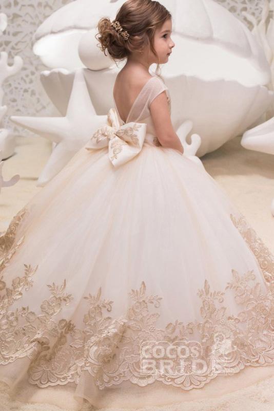 Beige Scoop Neck Sleeveless Ball Gown Flower Girls Dress-BMbridal.com