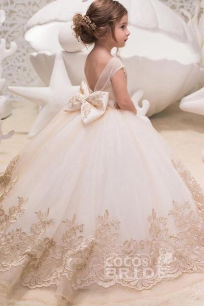 Beige Scoop Neck Sleeveless Ball Gown Flower Girls Dress-BMbridal.com