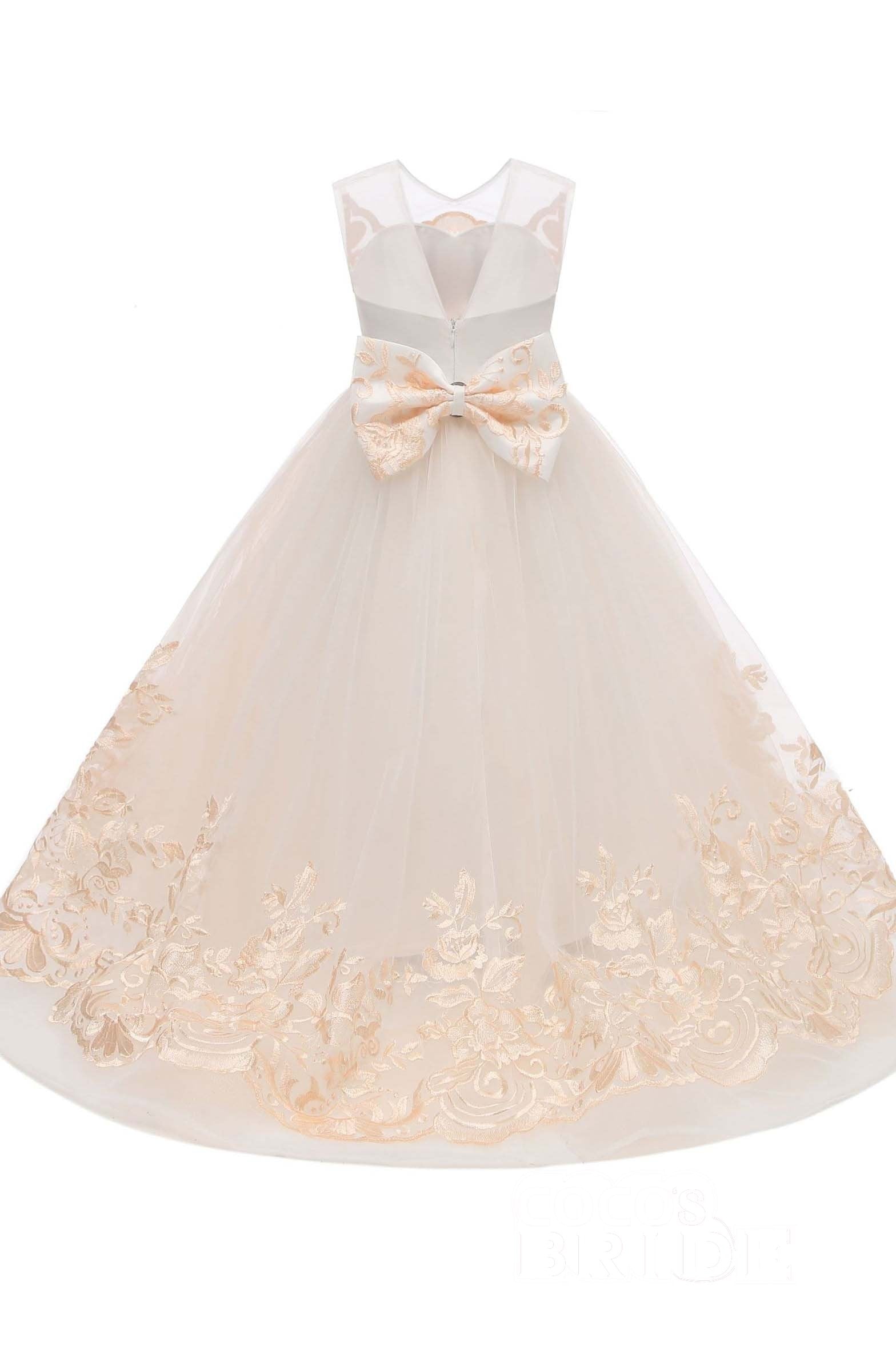Beige Scoop Neck Sleeveless Ball Gown Flower Girls Dress-BMbridal.com