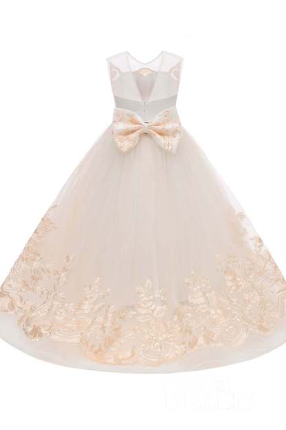 Beige Scoop Neck Sleeveless Ball Gown Flower Girls Dress-BMbridal.com