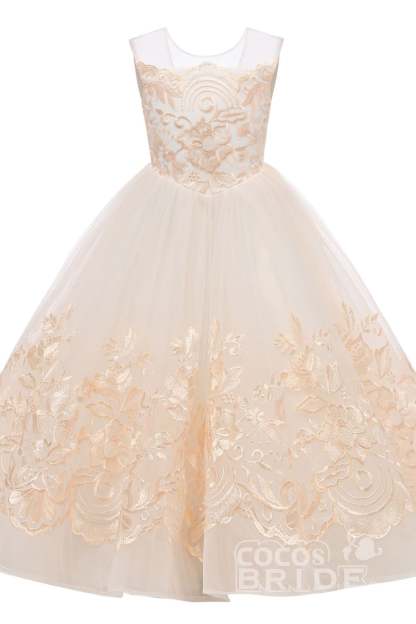 Beige Scoop Neck Sleeveless Ball Gown Flower Girls Dress-BMbridal.com