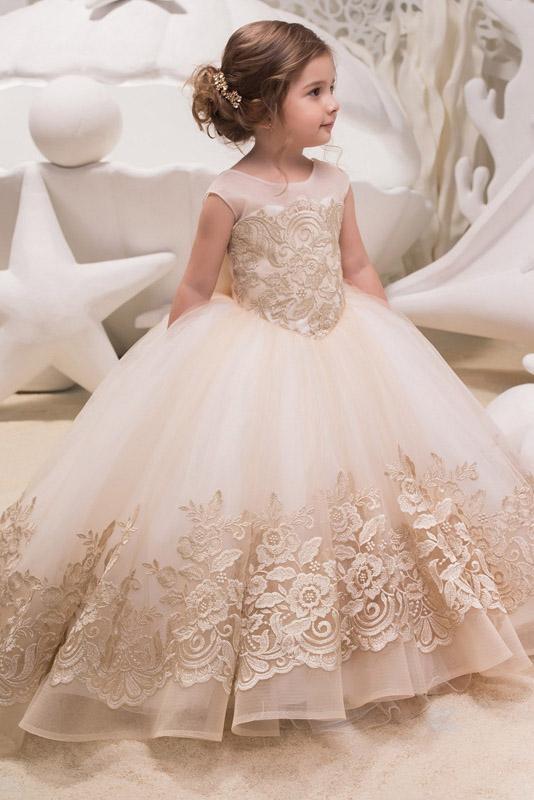 Beige Scoop Neck Sleeveless Ball Gown Flower Girls Dress-BMbridal.com