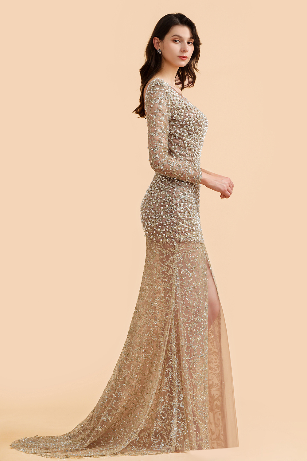 BMbridal Glamorous Jewel Lace Front Slit Prom Dresses Long Sleeves Appliques Formal Dresses with Pearls-BMbridal