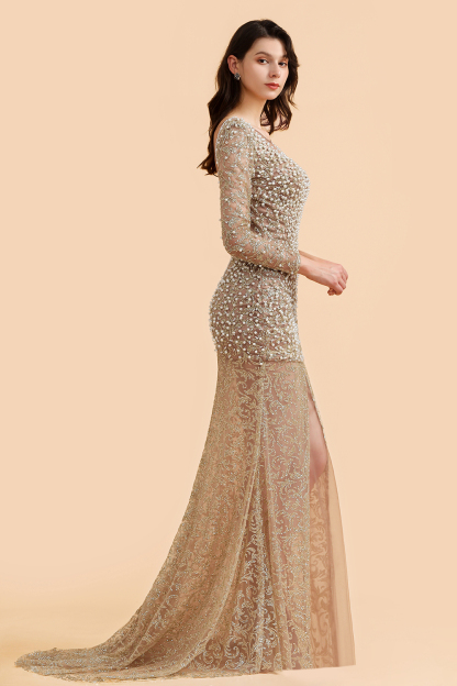 BMbridal Glamorous Jewel Lace Front Slit Prom Dresses Long Sleeves Appliques Formal Dresses with Pearls-BMbridal