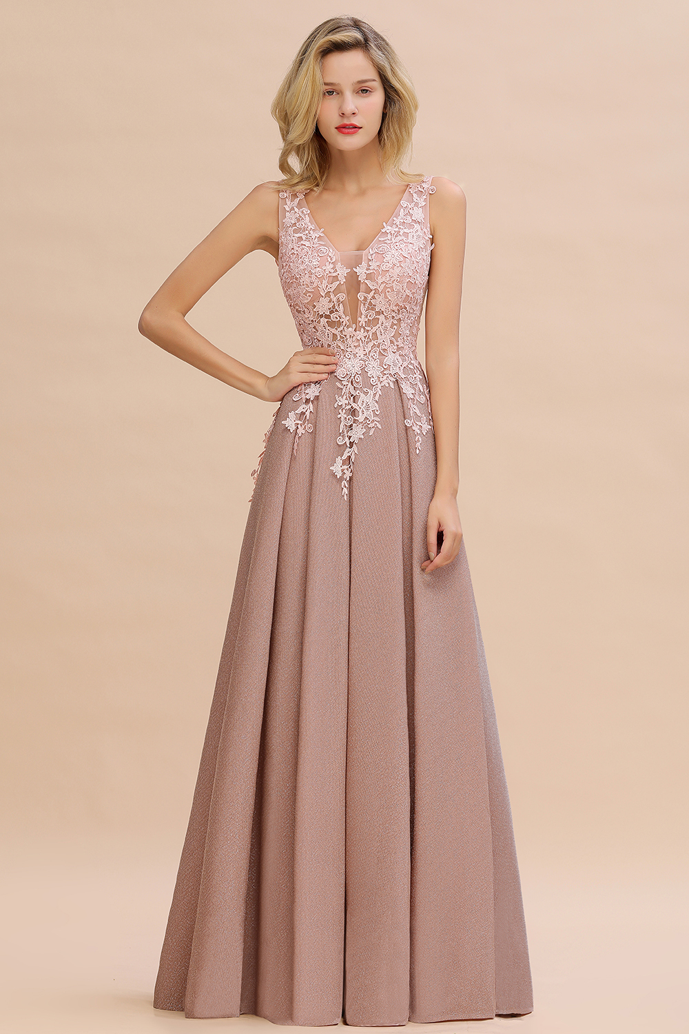 BMbridal Dusty Pink V-Neck Long Prom Dress With Lace Appliques Online