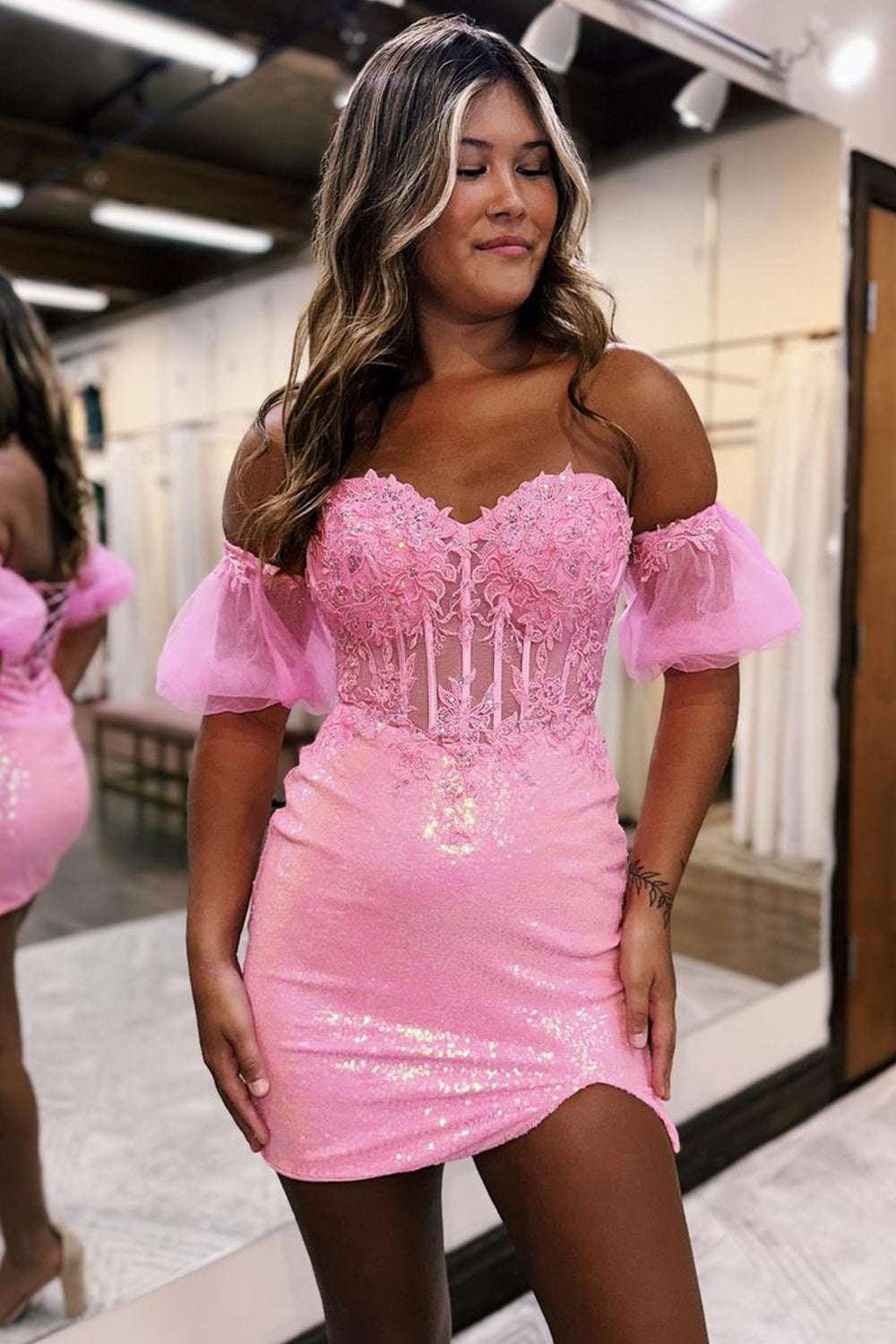 Sparkly Pink Corset Detachable Short Sleeves Sequins Tight Short Homecoming Dress with Lace-BMbridal